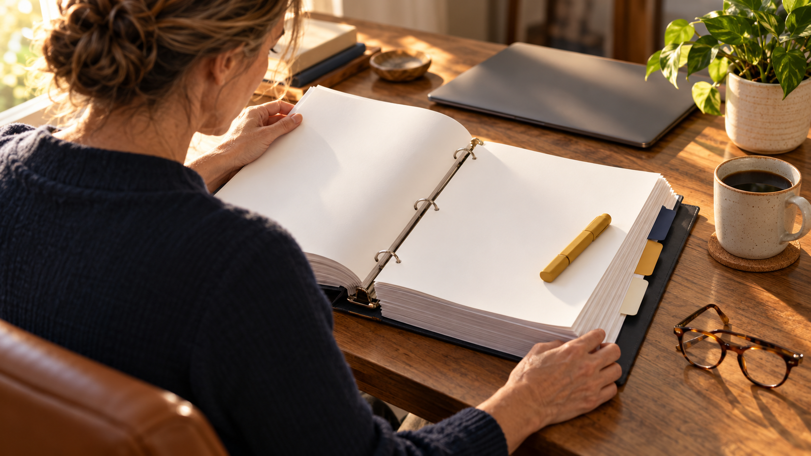 A buyer at a wooden desk with a thick FDD binder open in front of her, an amber highlighter resting on the blank pages, coffee and reading glasses beside it