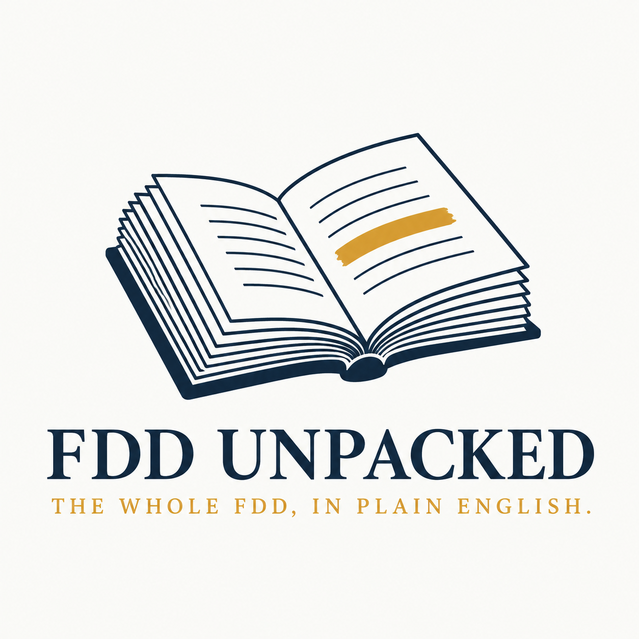 FDD Unpacked logo — an open book with one line highlighted in amber